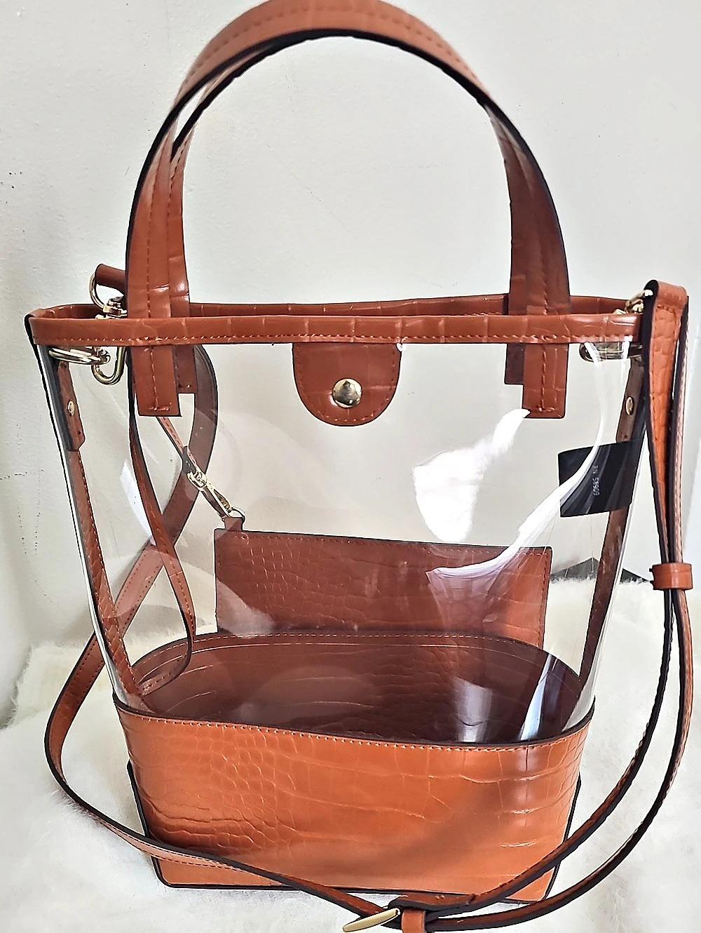 Croc-Embossed Clear Tote in Brown
